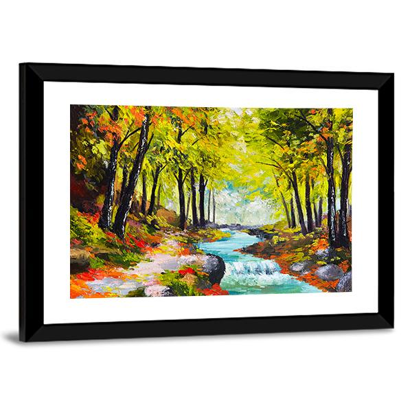 River In Autumn Forest Canvas Wall Art-5 Horizontal-Gallery Wrap-22" x 12"-Tiaracle