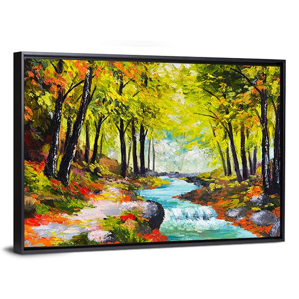 River In Autumn Forest Canvas Wall Art-5 Horizontal-Gallery Wrap-22" x 12"-Tiaracle