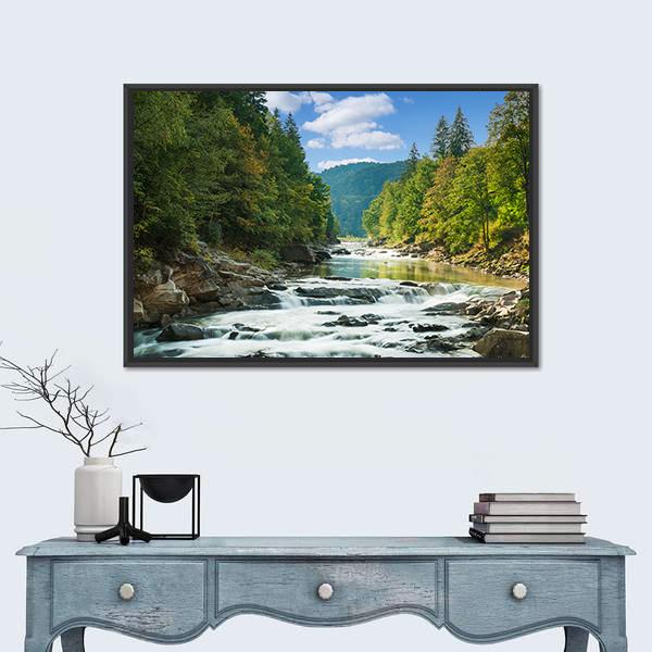 River In Forest Canvas Wall Art-1 Piece-Floating Frame-24" x 16"-Tiaracle
