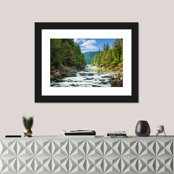 River In Forest Canvas Wall Art-1 Piece-Framed Print-20" x 16"-Tiaracle