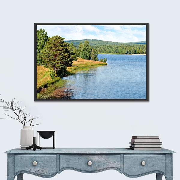 River In Sweden On Bright Summer Day Canvas Wall Art-1 Piece-Floating Frame-24" x 16"-Tiaracle