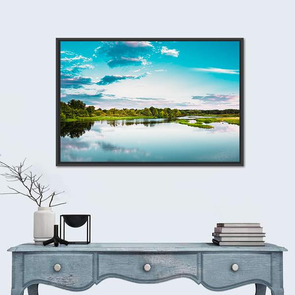River Landscape In Belarus Canvas Wall Art-1 Piece-Floating Frame-24" x 16"-Tiaracle