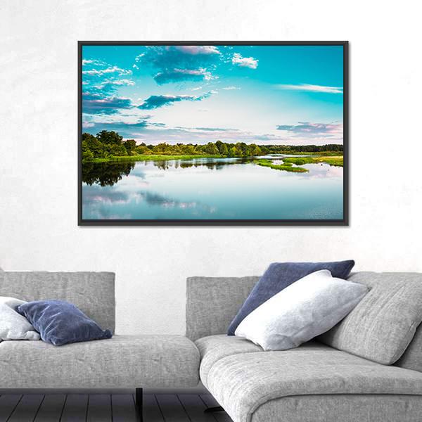 River Landscape In Belarus Canvas Wall Art-3 Horizontal-Gallery Wrap-25" x 16"-Tiaracle