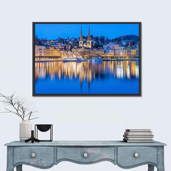 River Reuss With Church Of Saint Leodegar In Luzern Canvas Wall Art-1 Piece-Floating Frame-24" x 16"-Tiaracle