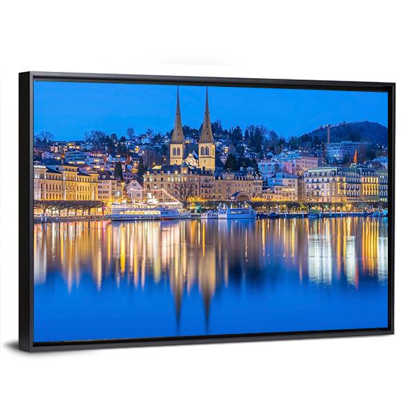 River Reuss With Church Of Saint Leodegar In Luzern Canvas Wall Art-3 Horizontal-Gallery Wrap-25" x 16"-Tiaracle