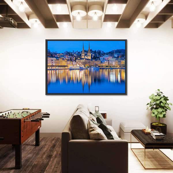 River Reuss With Church Of Saint Leodegar In Luzern Canvas Wall Art-3 Horizontal-Gallery Wrap-25" x 16"-Tiaracle