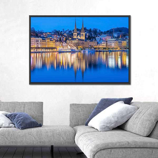River Reuss With Church Of Saint Leodegar In Luzern Canvas Wall Art-3 Horizontal-Gallery Wrap-25" x 16"-Tiaracle