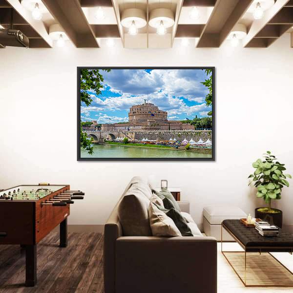 River Tiber And Castel Sant Angelo Canvas Wall Art-1 Piece-Floating Frame-24" x 16"-Tiaracle