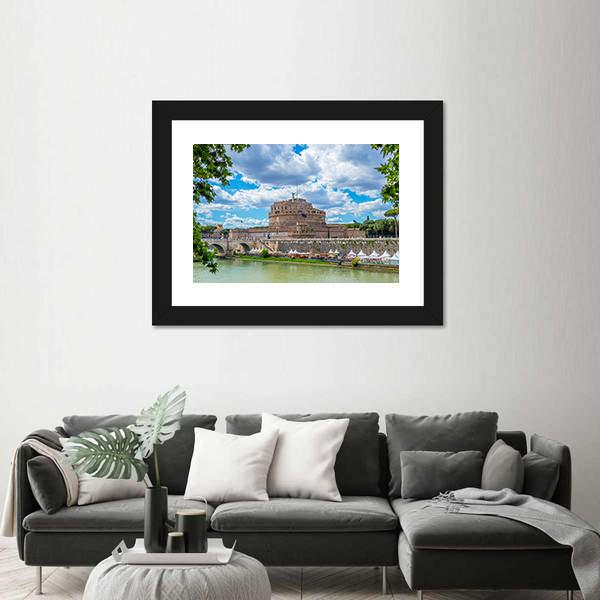 River Tiber And Castel Sant Angelo Canvas Wall Art-1 Piece-Framed Print-20" x 16"-Tiaracle