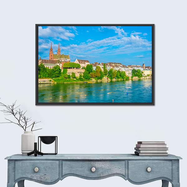Riverside Of Rhine In Basel Canvas Wall Art-1 Piece-Floating Frame-24" x 16"-Tiaracle