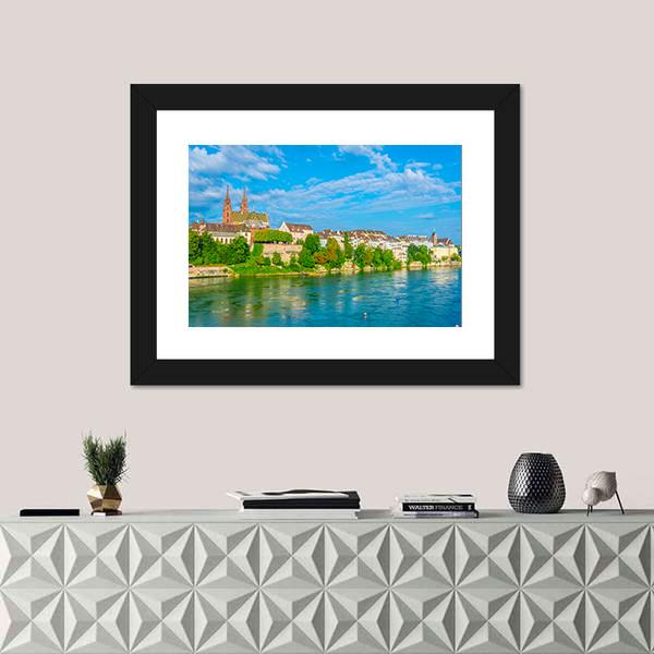 Riverside Of Rhine In Basel Canvas Wall Art-1 Piece-Framed Print-20" x 16"-Tiaracle