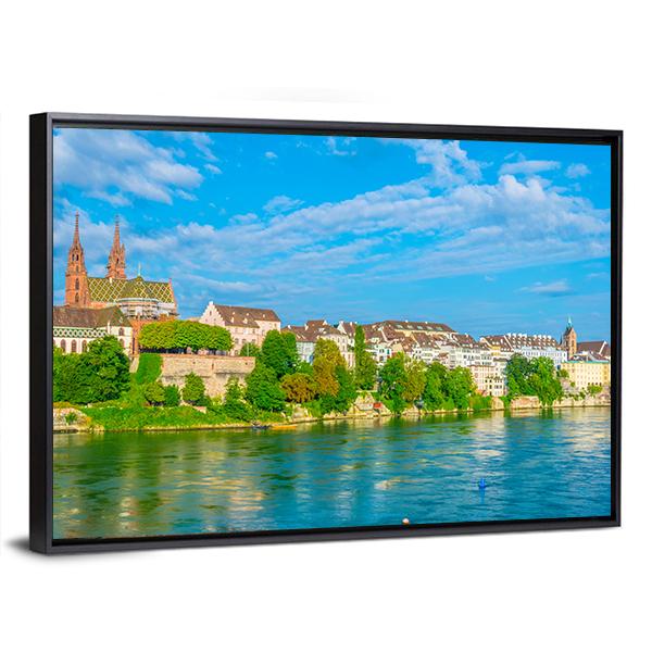 Riverside Of Rhine In Basel Canvas Wall Art-3 Horizontal-Gallery Wrap-25" x 16"-Tiaracle