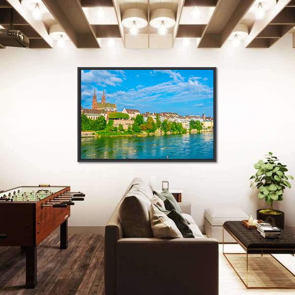 Riverside Of Rhine In Basel Canvas Wall Art-3 Horizontal-Gallery Wrap-25" x 16"-Tiaracle