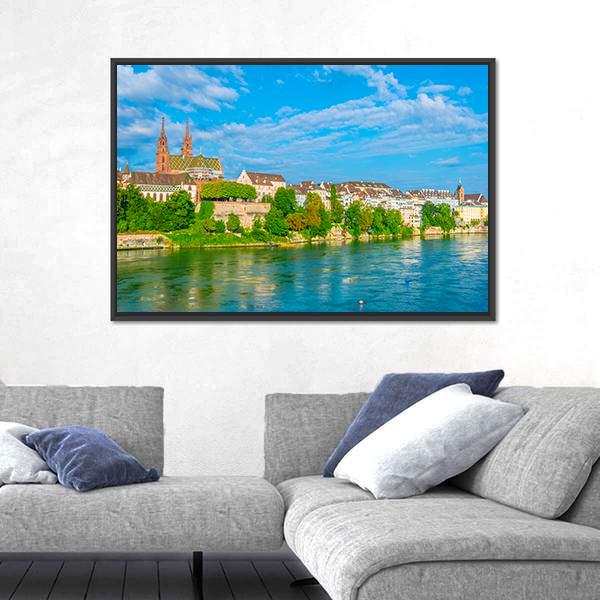 Riverside Of Rhine In Basel Canvas Wall Art-3 Horizontal-Gallery Wrap-25" x 16"-Tiaracle
