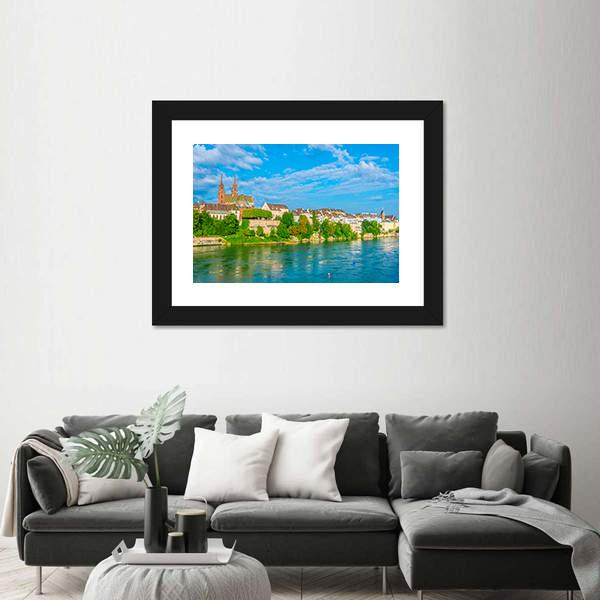 Riverside Of Rhine In Basel Canvas Wall Art-3 Horizontal-Gallery Wrap-25" x 16"-Tiaracle