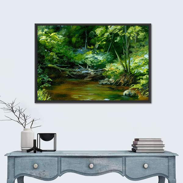 Rivulet In Thick Forest Canvas Wall Art-1 Piece-Floating Frame-24" x 16"-Tiaracle