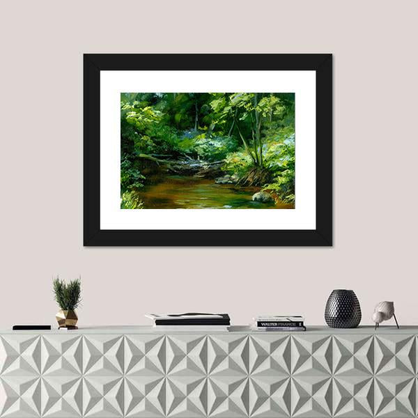 Rivulet In Thick Forest Canvas Wall Art-1 Piece-Framed Print-20" x 16"-Tiaracle