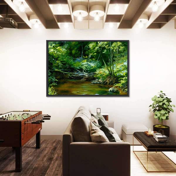 Rivulet In Thick Forest Canvas Wall Art-3 Horizontal-Gallery Wrap-25" x 16"-Tiaracle
