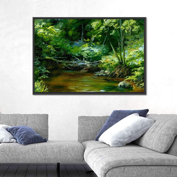 Rivulet In Thick Forest Canvas Wall Art-3 Horizontal-Gallery Wrap-25" x 16"-Tiaracle