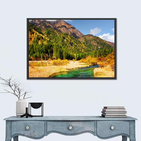 Rize Valley In Jiuzhaigou China Canvas Wall Art-1 Piece-Floating Frame-24" x 16"-Tiaracle