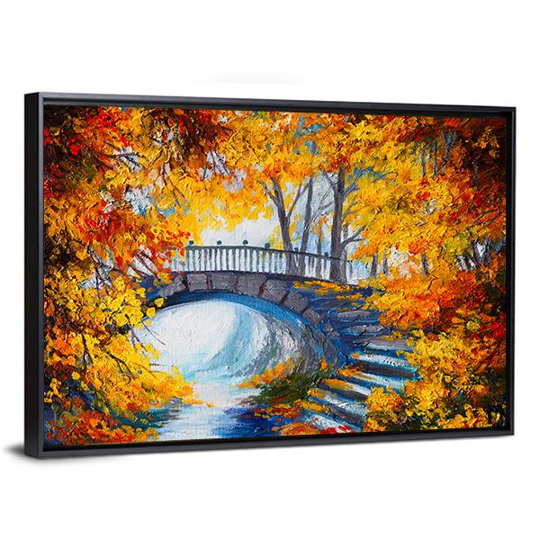 Road And Bridge In Autumn Forest Canvas Wall Art-1 Piece-Floating Frame-24" x 16"-Tiaracle