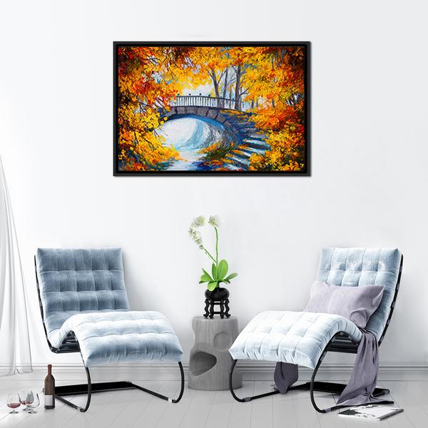 Road And Bridge In Autumn Forest Canvas Wall Art-3 Horizontal-Gallery Wrap-25" x 16"-Tiaracle