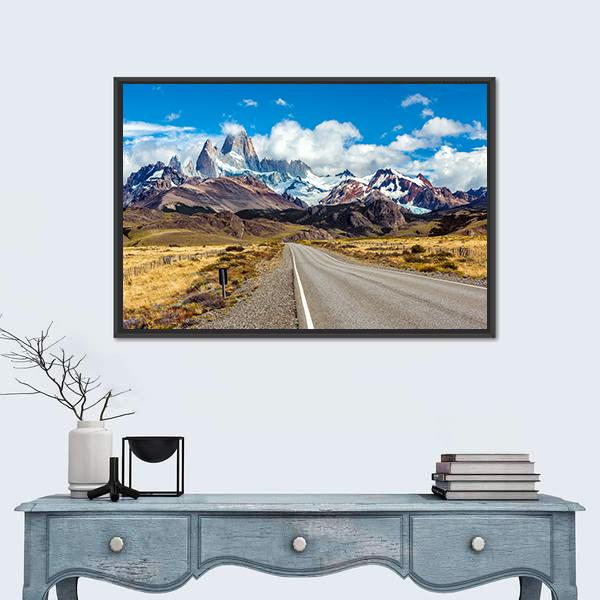 Mountain Road to Fitz Roy Peak Canvas Wall Art in gray, brown and blue, framed canvas, product view on a white background