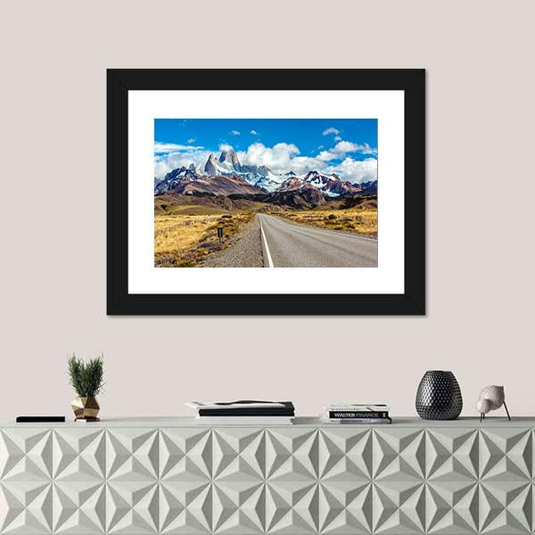 Road And Mountain Panorama With Fitz Roy Peak Canvas Wall Art-1 Piece-Framed Print-20" x 16"-Tiaracle