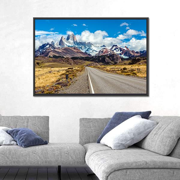 Road And Mountain Panorama With Fitz Roy Peak Canvas Wall Art-3 Horizontal-Gallery Wrap-25" x 16"-Tiaracle