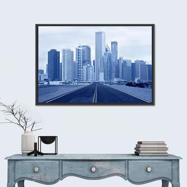 Road Approaching City Skycrappers Canvas Wall Art-1 Piece-Floating Frame-24" x 16"-Tiaracle
