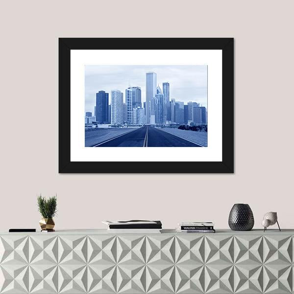 Road Approaching City Skycrappers Canvas Wall Art-1 Piece-Framed Print-20" x 16"-Tiaracle