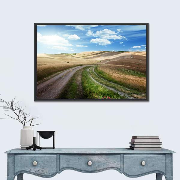 Road Between Fields Of Tuscany Canvas Wall Art-1 Piece-Floating Frame-24" x 16"-Tiaracle