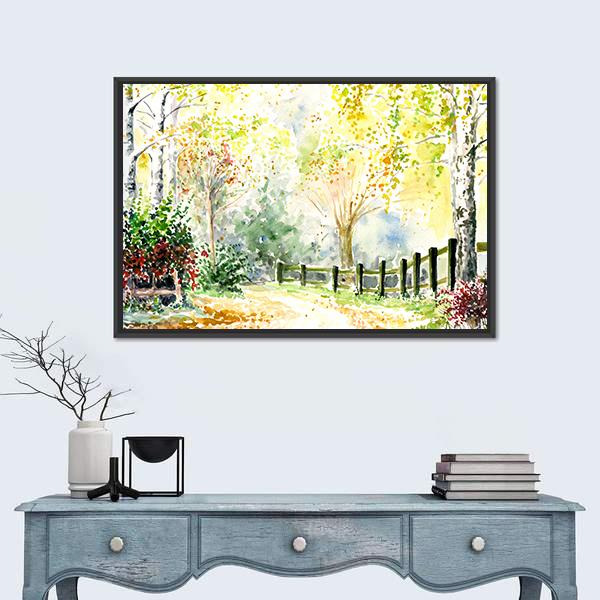 Road Fence And Trees In Autumn Canvas Wall Art-1 Piece-Floating Frame-24" x 16"-Tiaracle