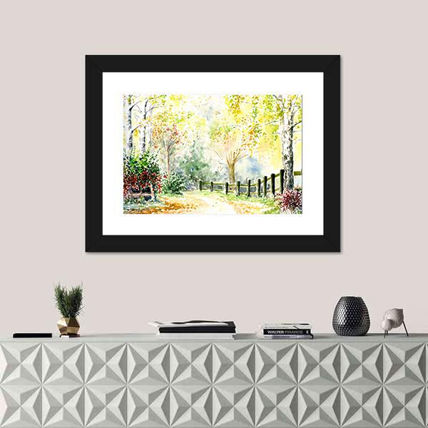 Road Fence And Trees In Autumn Canvas Wall Art-1 Piece-Framed Print-20" x 16"-Tiaracle