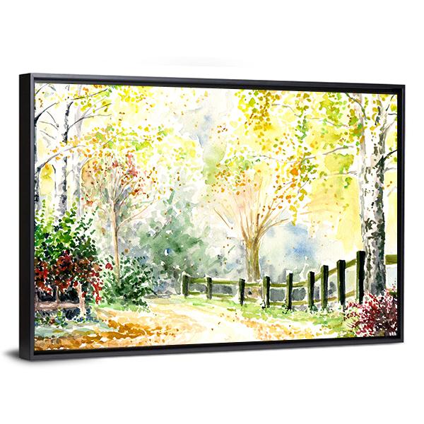 Road Fence And Trees In Autumn Canvas Wall Art-3 Horizontal-Gallery Wrap-25" x 16"-Tiaracle