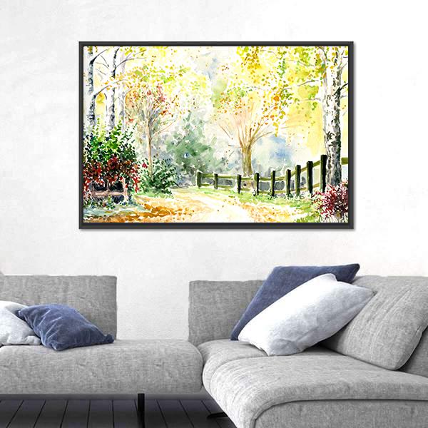 Road Fence And Trees In Autumn Canvas Wall Art-3 Horizontal-Gallery Wrap-25" x 16"-Tiaracle