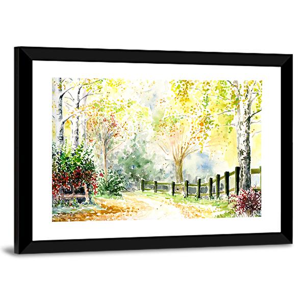 Road Fence And Trees In Autumn Canvas Wall Art-3 Horizontal-Gallery Wrap-25" x 16"-Tiaracle