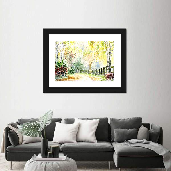 Road Fence And Trees In Autumn Canvas Wall Art-3 Horizontal-Gallery Wrap-25" x 16"-Tiaracle