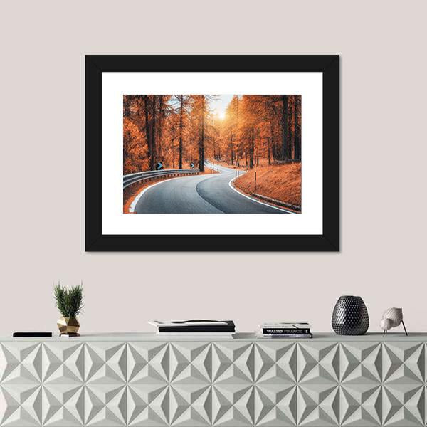 Road In Autumn Forest At Sunset Canvas Wall Art-1 Piece-Framed Print-20" x 16"-Tiaracle