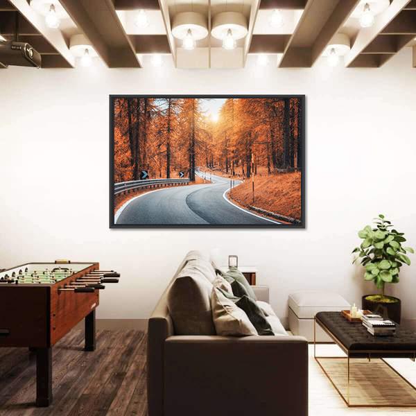Road In Autumn Forest At Sunset Canvas Wall Art-3 Horizontal-Gallery Wrap-25" x 16"-Tiaracle
