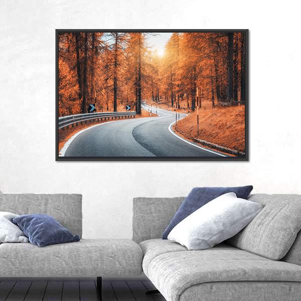 Road In Autumn Forest At Sunset Canvas Wall Art-3 Horizontal-Gallery Wrap-25" x 16"-Tiaracle