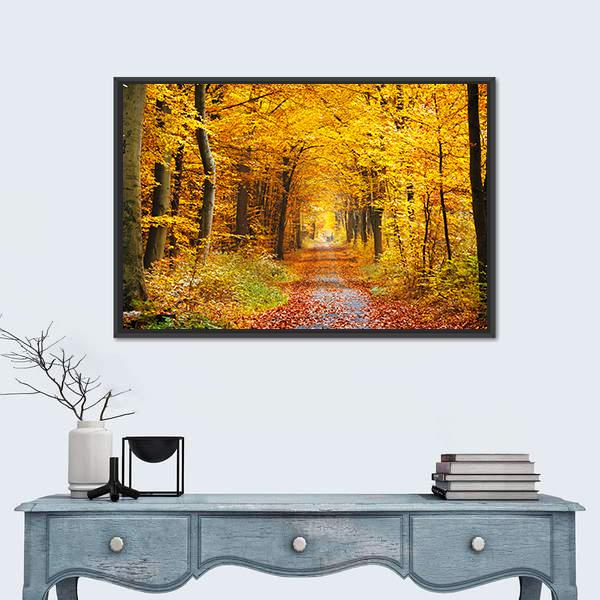 Road In The Autumn Forest Canvas Wall Art-1 Piece-Floating Frame-24" x 16"-Tiaracle