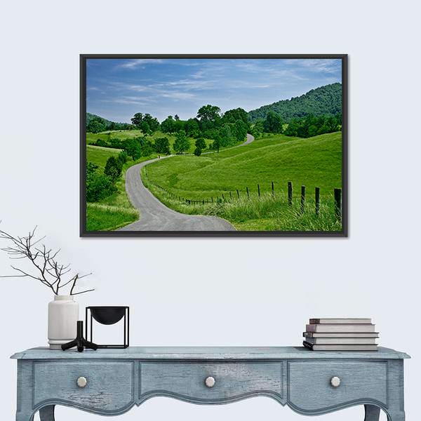 Road Leading To Blue Ridge Mountains Canvas Wall Art-1 Piece-Floating Frame-24" x 16"-Tiaracle
