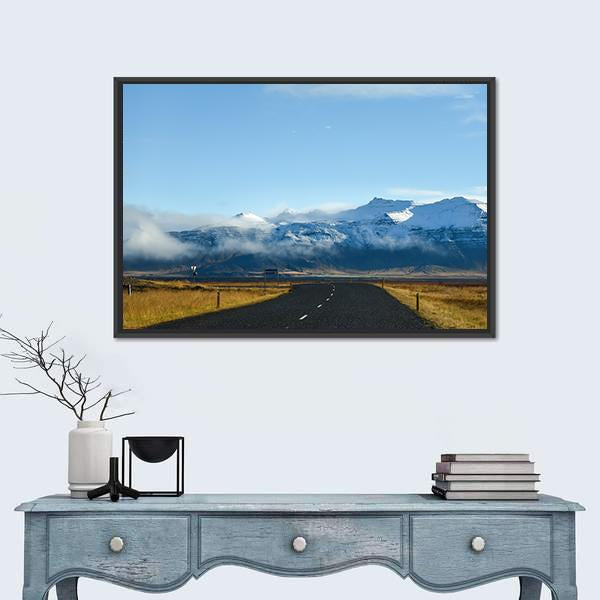 Road Leading To Snow Covered Mountains Canvas Wall Art-1 Piece-Floating Frame-24" x 16"-Tiaracle