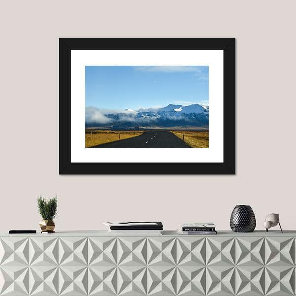 Road Leading To Snow Covered Mountains Canvas Wall Art-1 Piece-Framed Print-20" x 16"-Tiaracle