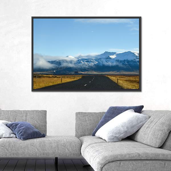 Road Leading To Snow Covered Mountains Canvas Wall Art-3 Horizontal-Gallery Wrap-25" x 16"-Tiaracle