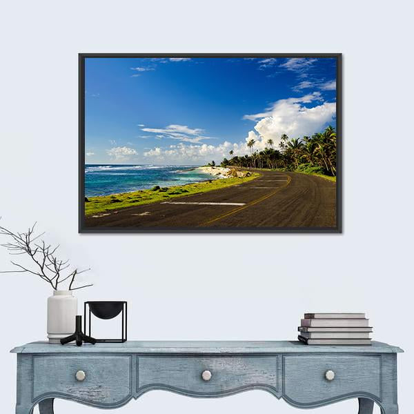 Coastal Road in San Andres Colombia Canvas Wall Art in brown, green and blue, framed canvas, product view on a white background