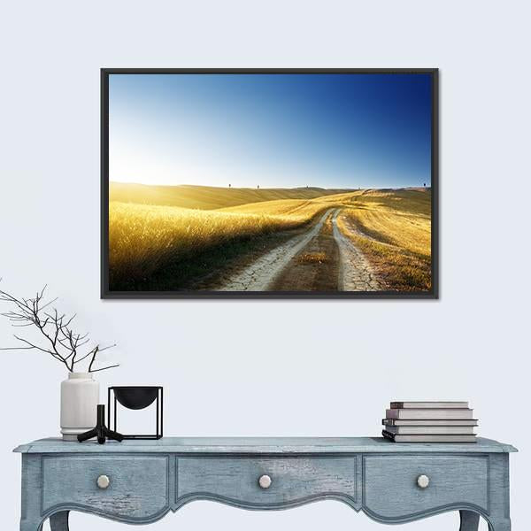 Road On Field In Tuscany At Sunset Canvas Wall Art-1 Piece-Floating Frame-24" x 16"-Tiaracle