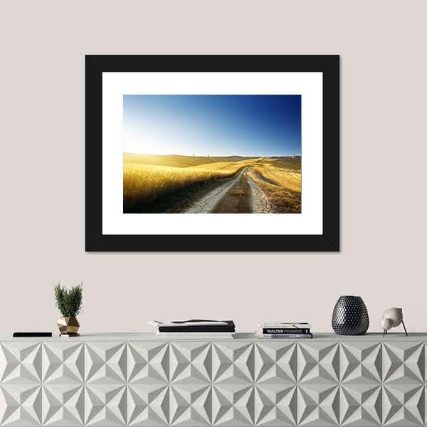 Road On Field In Tuscany At Sunset Canvas Wall Art-1 Piece-Framed Print-20" x 16"-Tiaracle
