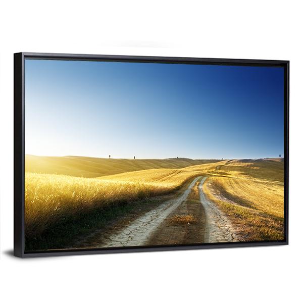 Road On Field In Tuscany At Sunset Canvas Wall Art-3 Horizontal-Gallery Wrap-25" x 16"-Tiaracle